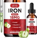 Tambahan Besi Liquid untuk Perempuan & Men Iron Drops Besi Suplemen untuk Anemia dengan Folate, Vitamin C, B12 untuk Red Blood Cell Support- Green Apple Flavor, 2 Fl Oz