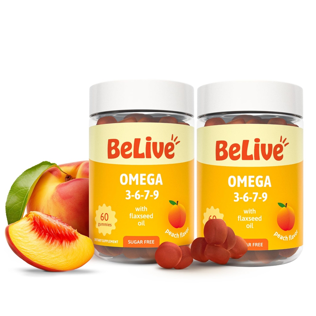 BeLive Organic Omega 3 Gummies - Omega 3 6 9 7 DHA & EPA dari Flaxseed Oil & Sea Buckthorn Fruit Oil, Vegan, untuk Anak-anak & Dewasa, Tubuh Penuh, Otak & Mata Dukungan, Sugar Free - Peach 124; 2