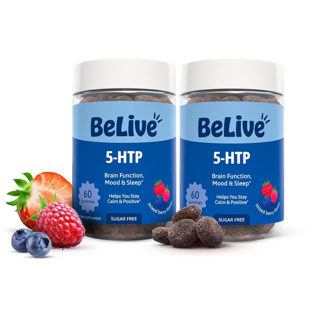 BeLive 5-HTP Gummies - 2 Pack - 120 Ct I 5HTP Calming Gummies for Heightened Focus, Relaxation & Istirahat untuk Dewasa 124; Vegan - Campuran Berries Flavor