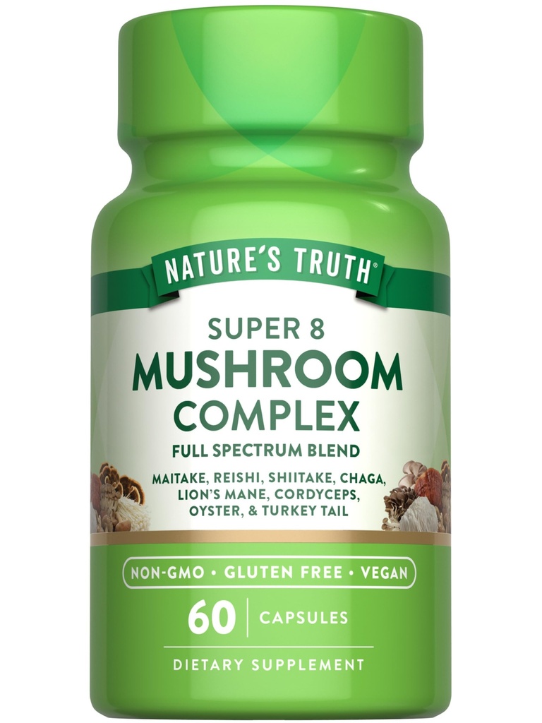 Kompleks Mushroom Alam 124; 60 Cacah 124; Kompleks Spectrum Penuh Mushroom Super 8; Vegan, Non- GMO, & Gluten Free Suplemen