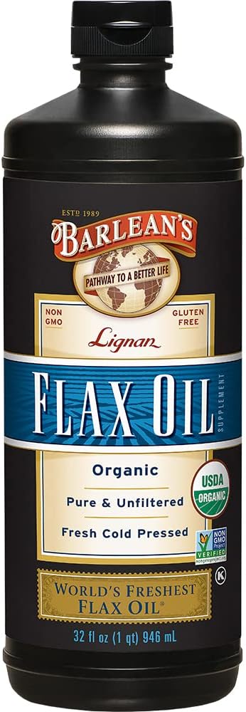 Barlean 's Organic Lignan Omega 3 Flaxseed Oil Suplemen untuk Pria dan Wanita, Cold Press Flax Seeds, 7230mg Acid Gendut ALA, Vegan dan Gluten Bebas, 32 oz
