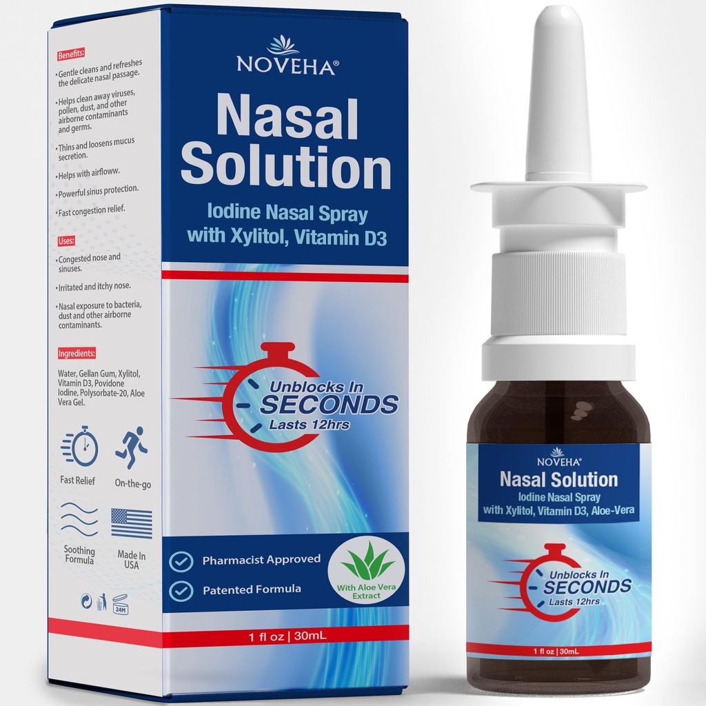 NOVEHA Nasal Spray- 1% Povidine Spray, Vitamin D3, Aloe- Vera - Nasal Cleanser (30mL)