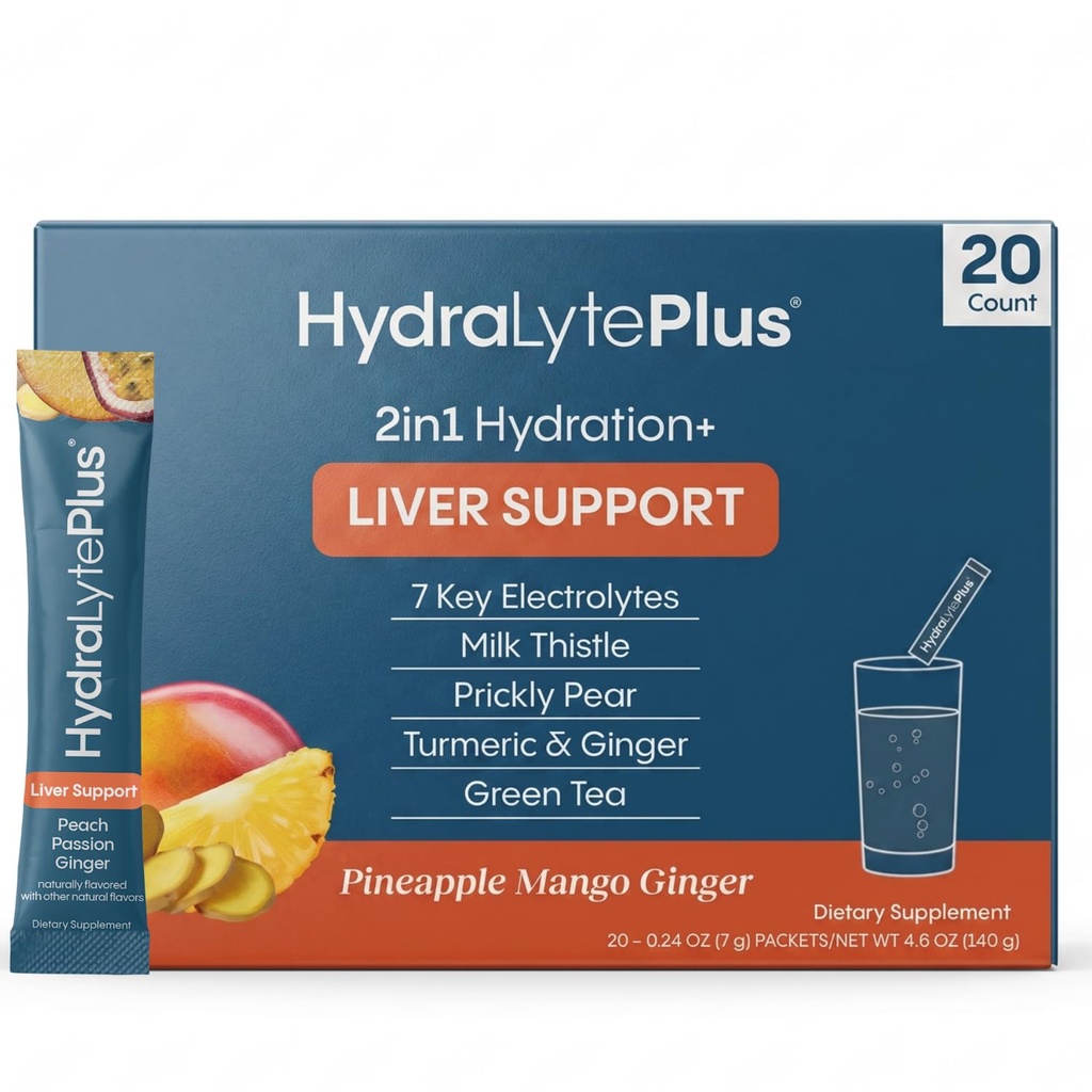 Hydralyte Liver Dukung + Electrolite Mix dengan Milk Thistle, Turmeric, Ginger, Prickly Pear, Green Tea Extract Formulate for Rapid Rehydration (Pineapple Mango Ginger, 20 Paket)