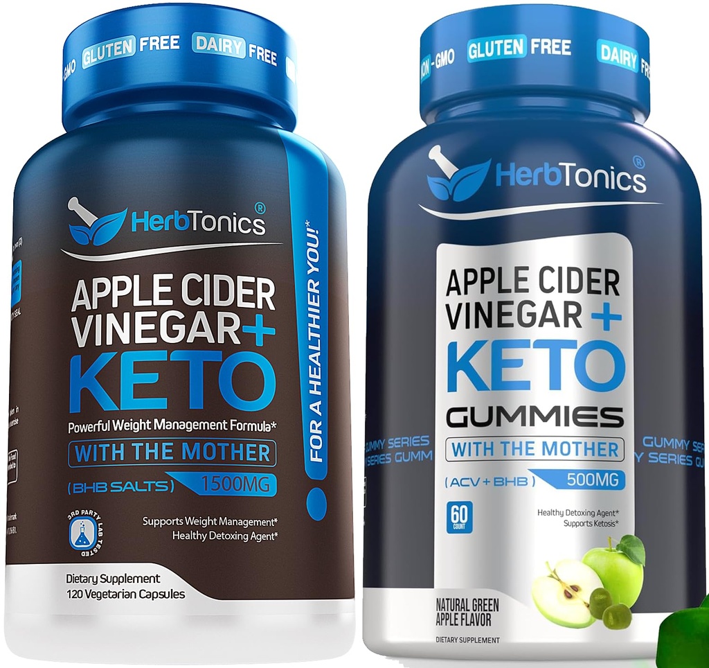 Herbtonics Apple Cider Vinegar Capsules with Keto BHB - Sufforts Ditraffic, Detox, and Metabolisme for Women and Men, Sugar- Free, Keto Formula.