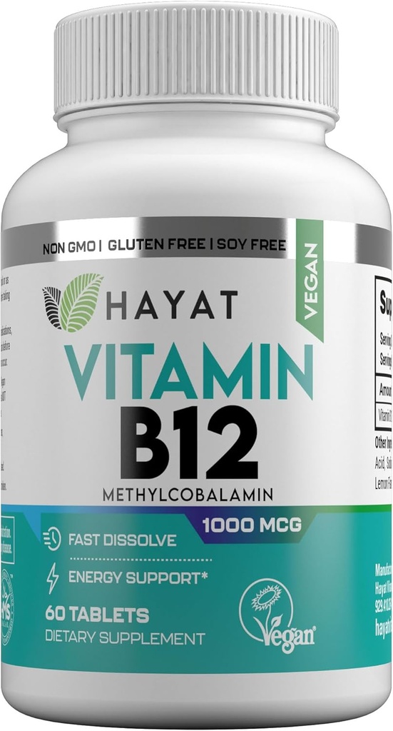HAYAT Vitamin Vegan Natural Vitamin B12 1000 MCG, Tambahan Dietary for Energy Metabolism Dukungan, 2 Bulan Supply, Semua Natural, Sertifikasi Halal, 60 Tablet, dibuat di Amerika Serikat