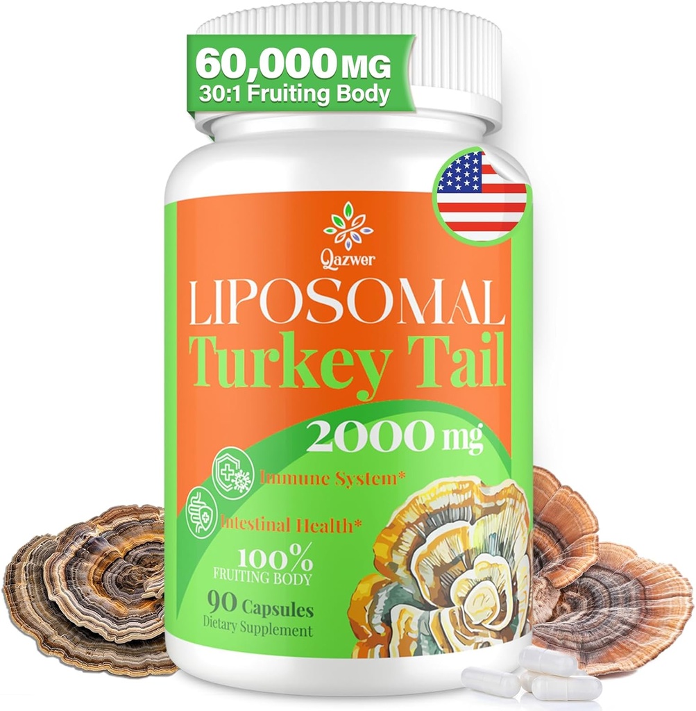 Lipomal Turkey Tail Mushroom Capsules, Absorpsi Tinggi Organik Tail Mushroom Ekstrak 2000MG 124; 30: 1 Fruiting Body Suppppply for Digetical Health, Energy & Imune Dukungan, Non-GMO -90 Capsules