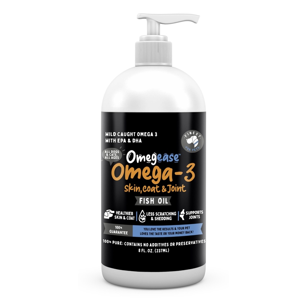 Omegease Fish Oil for Dogs & Cats - Finest for Pets Omega 3 for Cats & Dogs - Supplemen untuk Skin & Coat, Itching, Shedding, Joints & Immune Health - 100% Pure Omega Fish Oil with EPA & DHA (8 oz)