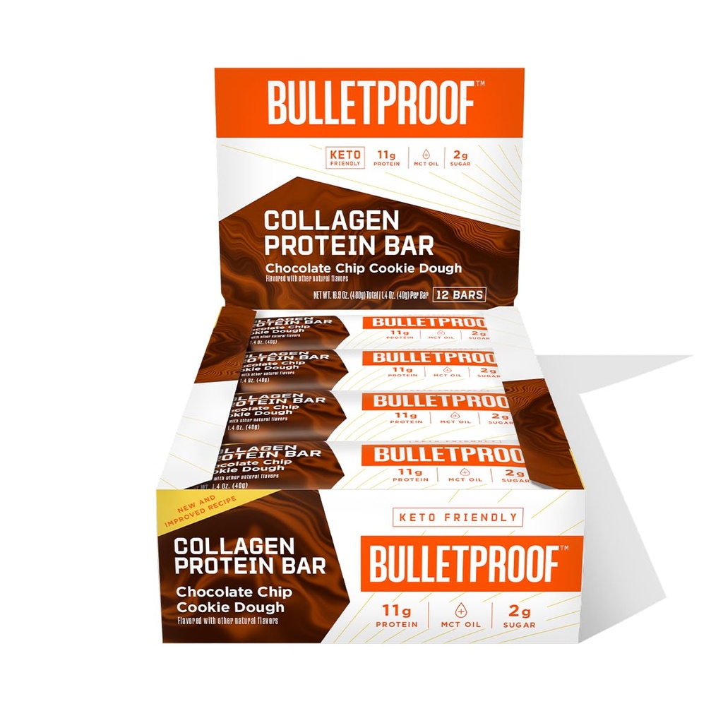 Cokelat Bulletproof Chip Cookie Dough Protein Bars, Paket 12, Keto- Friendly Snack dengan MCT Oil, Grass-fed Collagen, No Added Sugar