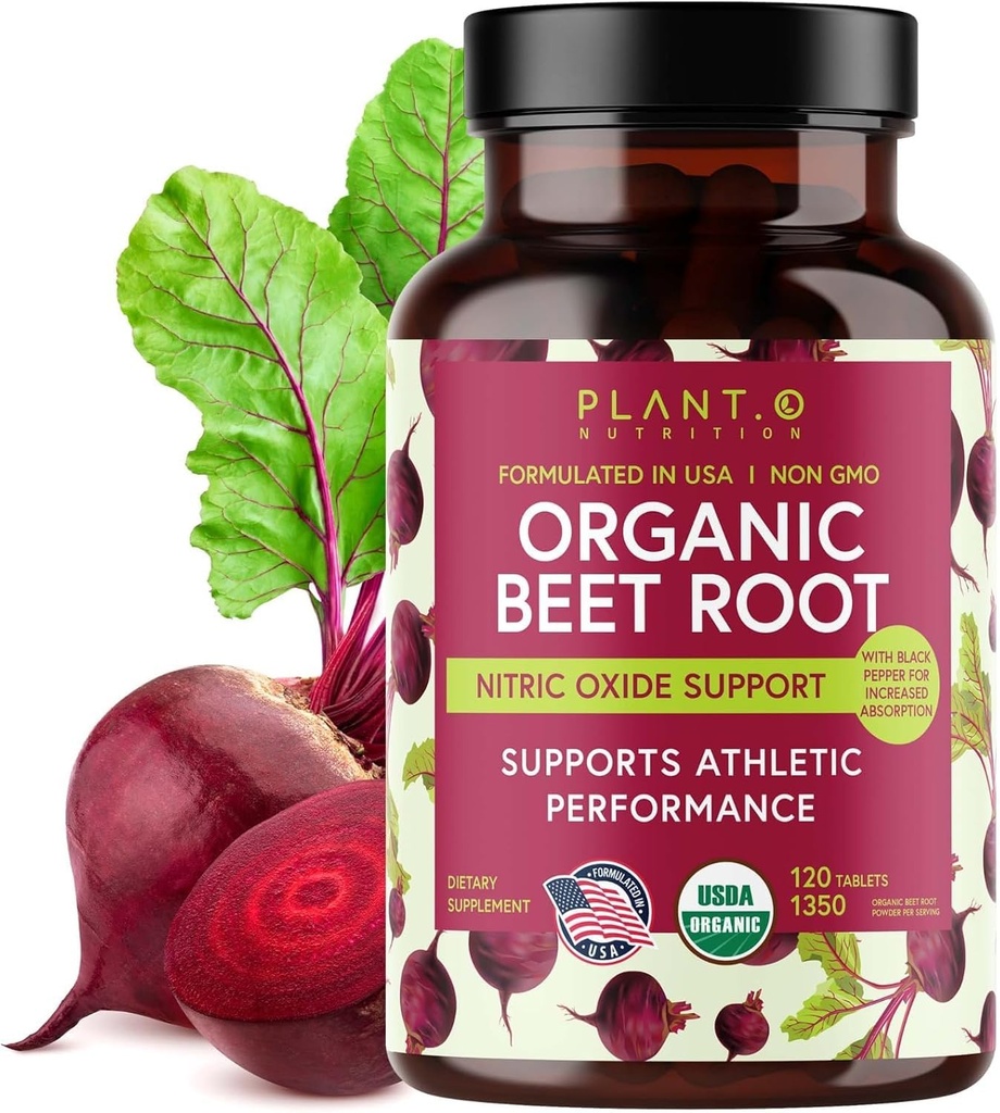 USDA Plant.O Premium Organic Beet Root Tablet [1350mg Beets Powder] dengan Black Pepper untuk Ekstra Absorpsi - Tambahan Oxide Nitric