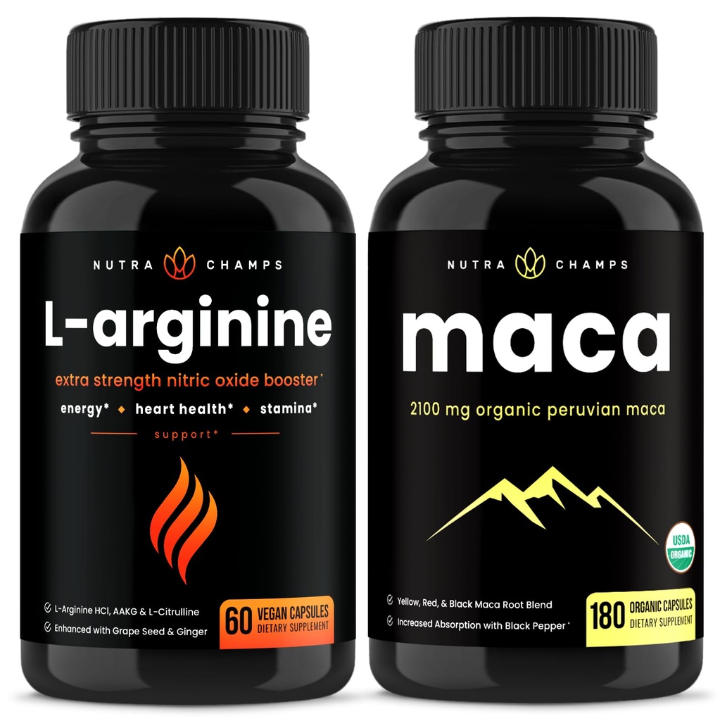 NutraChamps L- Arginine Capsules dan Maca Capsules 2 Pack Bundle
