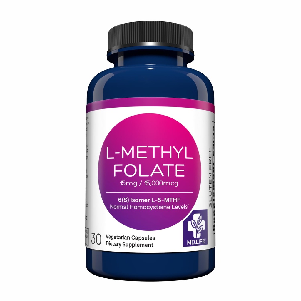 MD Life L-Methylfolat 15 mg Suplemen - Professional- Advanced L Methylfolat Aktif - 30 Capsules - L- Methylfolat 15mg - Maksimum Potensi MTHFR W / Estox Acids