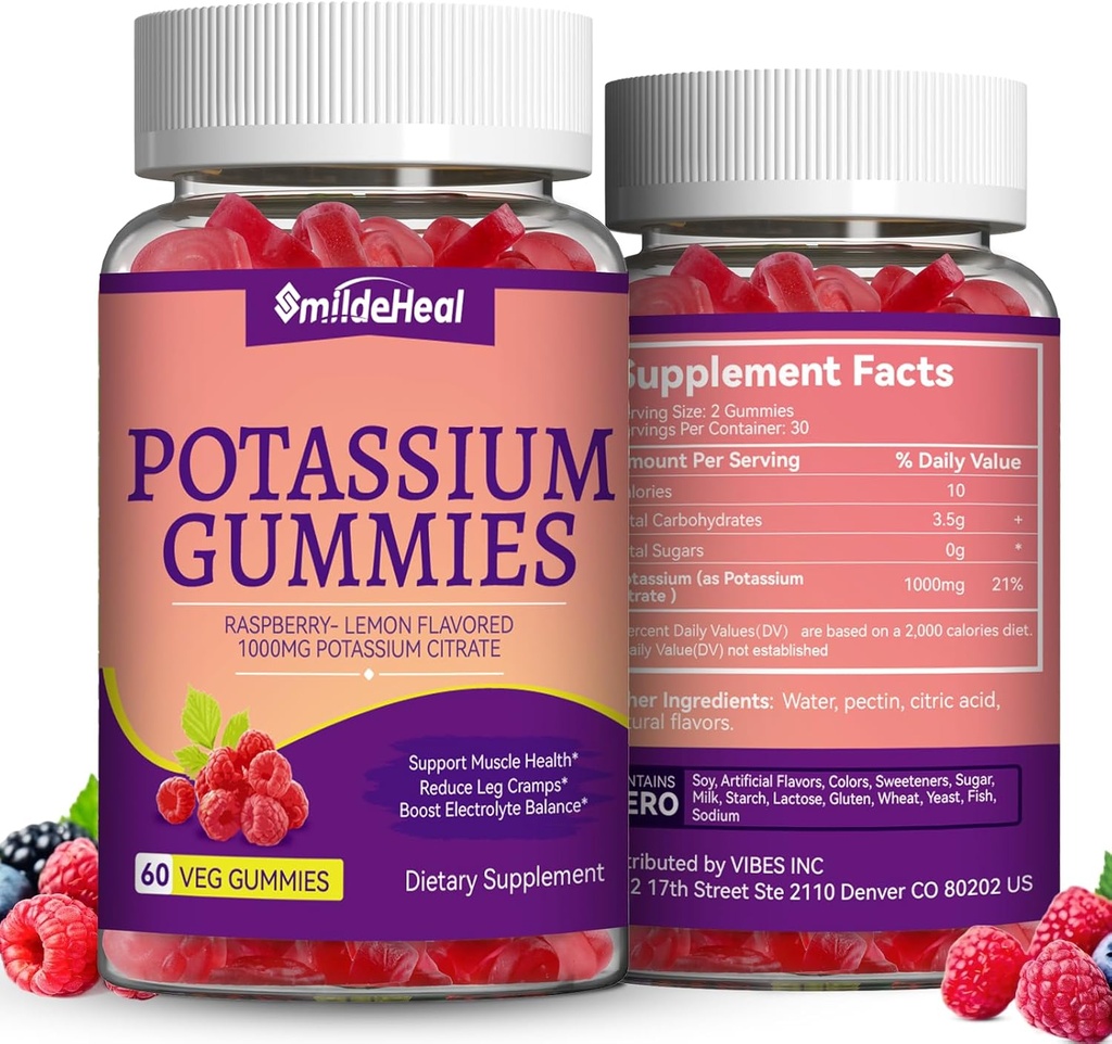 2 Pack Potasium Suplemen Gummies, Potassium Gummies for Dewasa, Dukung Kram Leg & Muscle Health - Vegan, Non- GMO, 120 Count