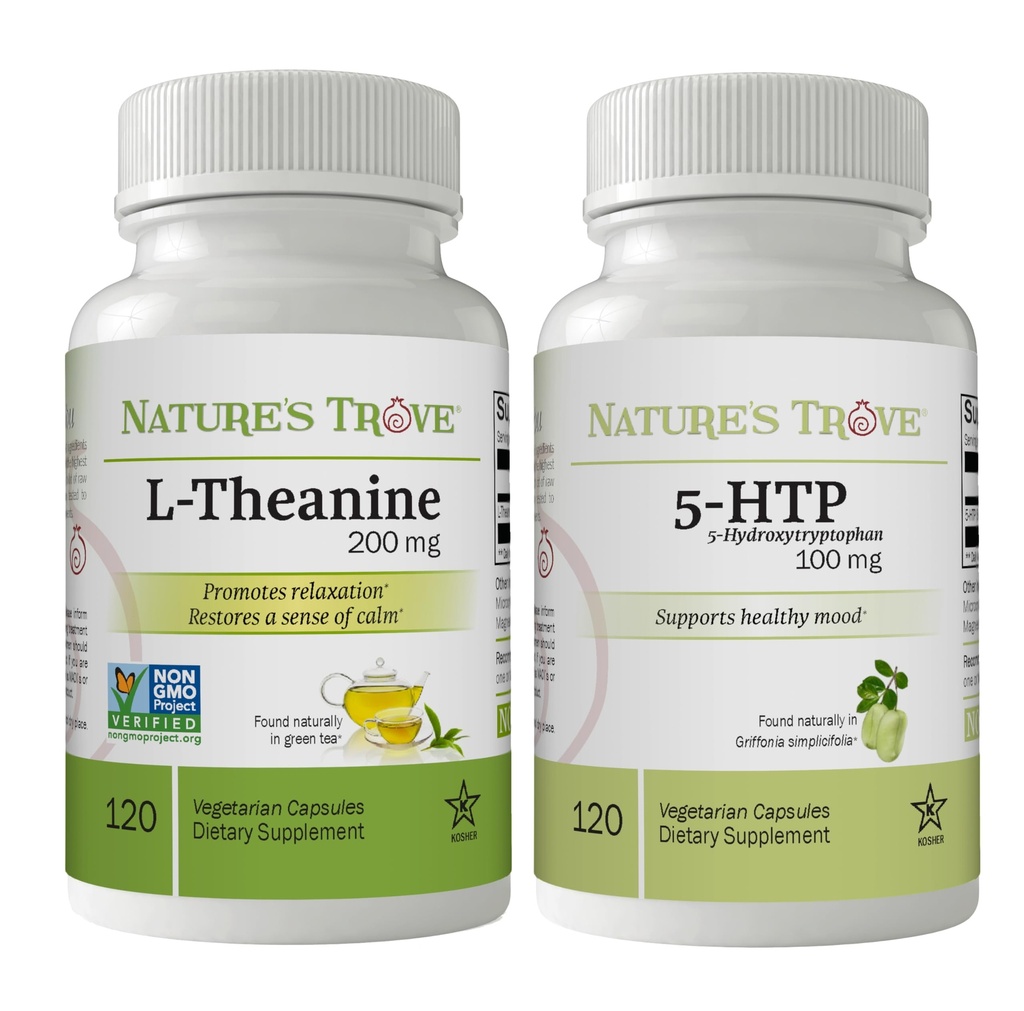 Nature 's Trove L-Theanine 200mg 120 Vegetarian Capsules & 5-HTP 100mg 120 Vegetarian Capsules - Tenang & Sehat Mood Stack