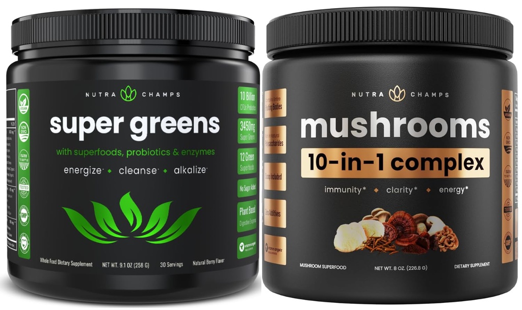 NutraChamps Super Greens & Super Mashroom: Ultimate Brain, Gut & Boost