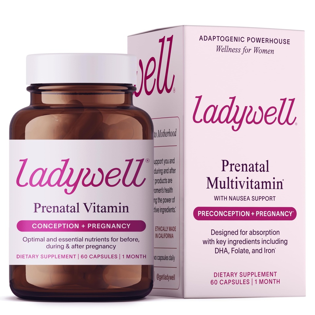 Ladywell Prenatal Multivitamin 124; Conception, Pregnancy & Postpartum 124; Key Ingreations termasuk DHA, Flodge & Iron 124; Formulated & Tested 124; Dirancang untuk Absorpsi dengan dukungan Naussea, 60 Ct
