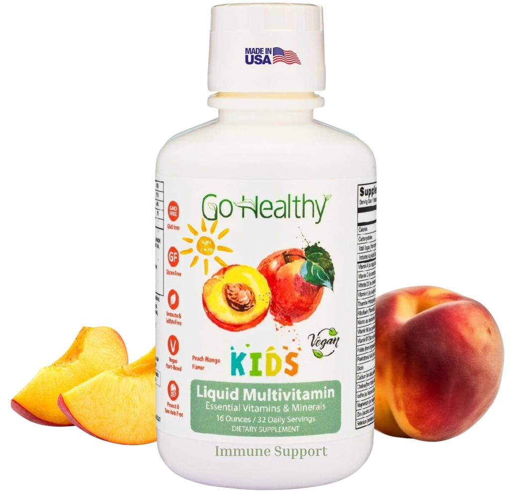 Go Healthy Kid Liquid Multivitamin, Imune Support, Kid Liquid Multivitamin, Vitamin Absorpsi Tinggi, Anak-anak Vitamin Multivitamin Peach - 30- 60 Servis