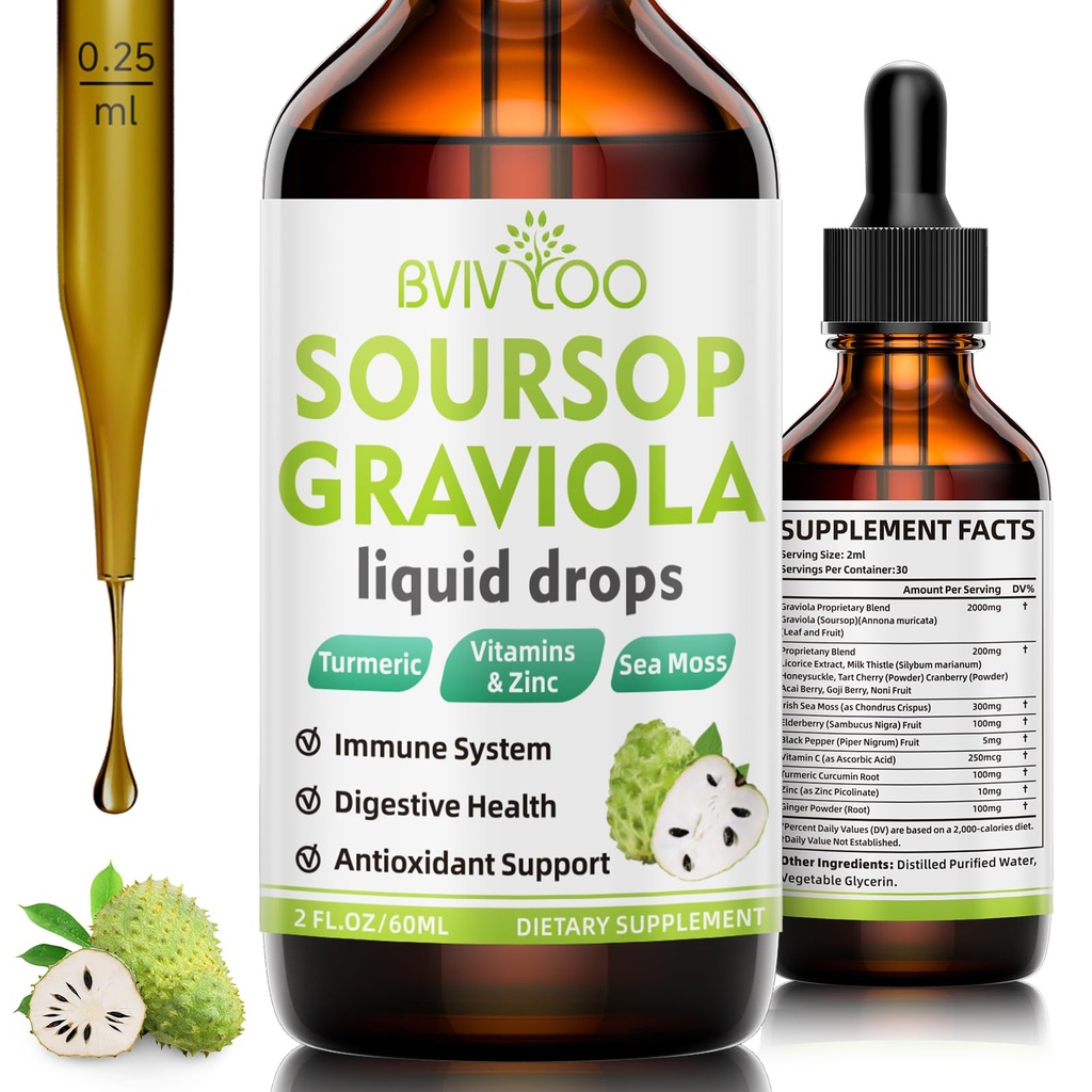 Soursop Graviola Liquid Drops - 2000mg Oursop Extract Blended with 300mg Sea Moss & 100mg Elderberry - powerful Cell Duffer, Antioksidants - Rich, Immune- Boosting - 2 Fl Oz (60ml) Bottle