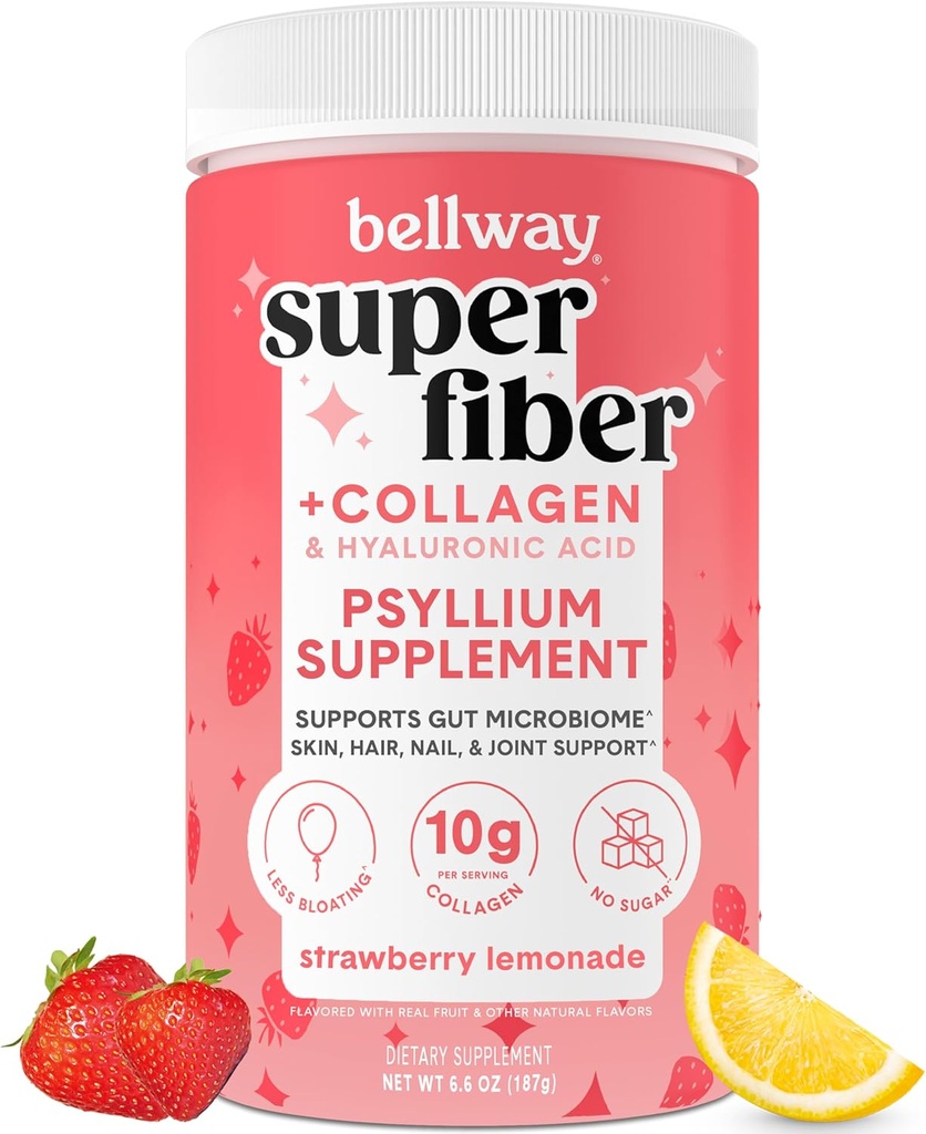 Bellway Super Fiber Powder + Collagen, Sugar-Free Psyllium Husder Powder dengan Collagen Peptides dan Hyaluronic Acid for Gut Health, Heally Skin, Nails, Bones & Joints, Strawberry Leyones (11 Pelayan)