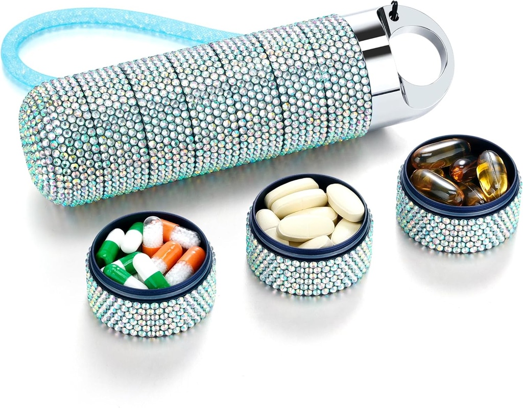 Zannaki Metal Bling Pill Organizer, Travel Waterproof Weekly Pill Box, Portable Large Aluminum Loy Pill Case Container, BPA Free 7 Day Medicine Organizer Hoder for Vitamin, Fish Oil, Suplemen