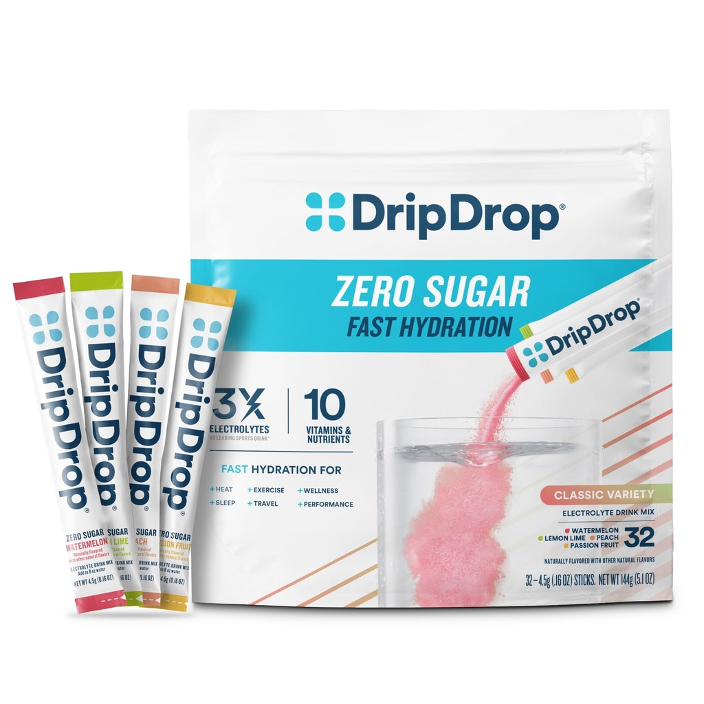 DripDrop Sugar Free Hydration Pack - Zero Classic Variety Pack - Single Serve Electrolytes Powder Drinder - Lemon Lime, Watermelon, Peach, Passion Frue - Non-GMO, Gluten Free, Vegan - 32 Sticks