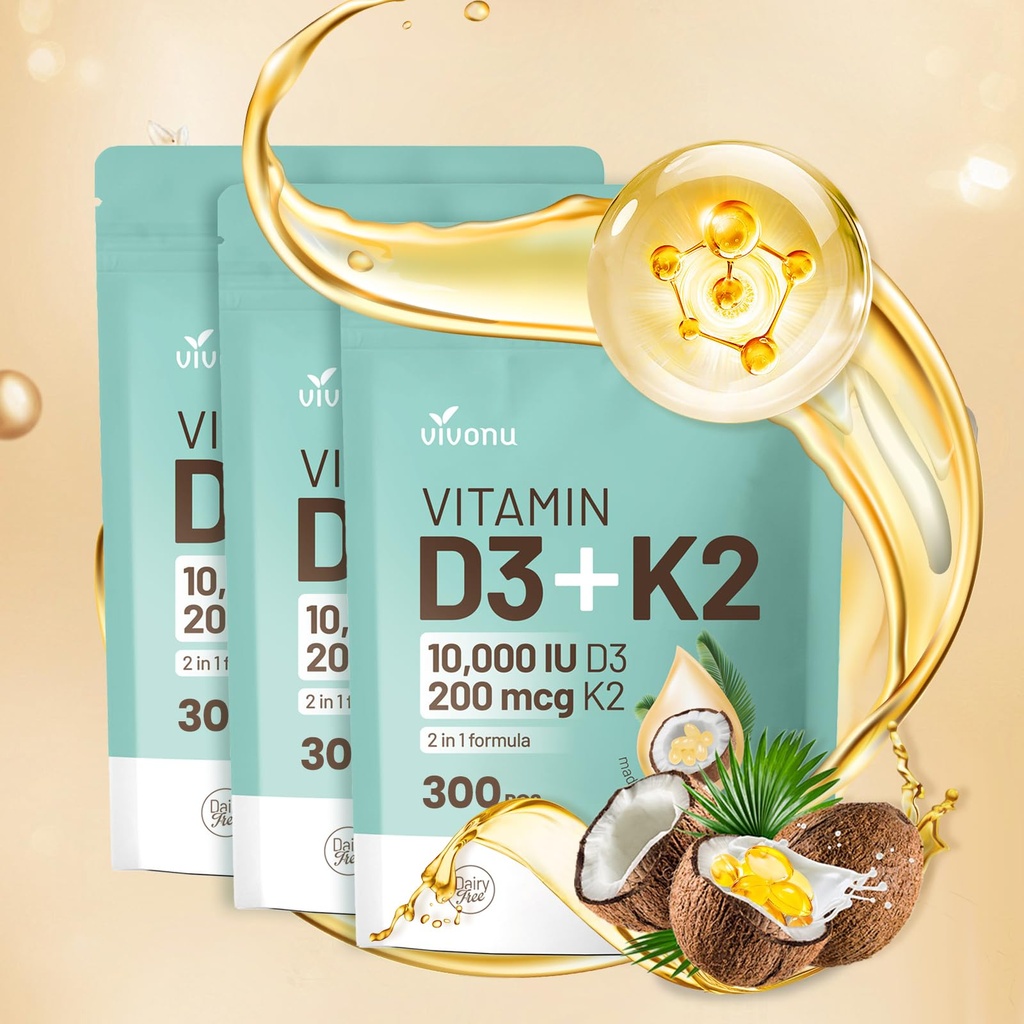Vitamin D3 10.000 iu Plus K2 (MK-7) 200 mcg, 300 Coconut Oil Softgeels 124; 2 dalam 1 VIT D & K Kompleks 124; Pendukung Calcium Absorpsi, Bone, Immune, & Heart Health - Mudah ditelan (900 Softgels / 3 Bag)