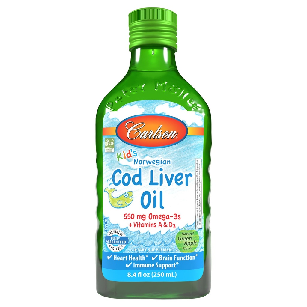 Carlson - Kid 's Cod Liver Oil, 550 mg Omega-3, Plus Vitamin A dan D3, Cair Minyak Ikan, Wild Caught Norwegia Arktik Cod, Sumpably Diberi Nordic Fish Oil, Green Apple, 250 mL (8.4 Fl Oz)
