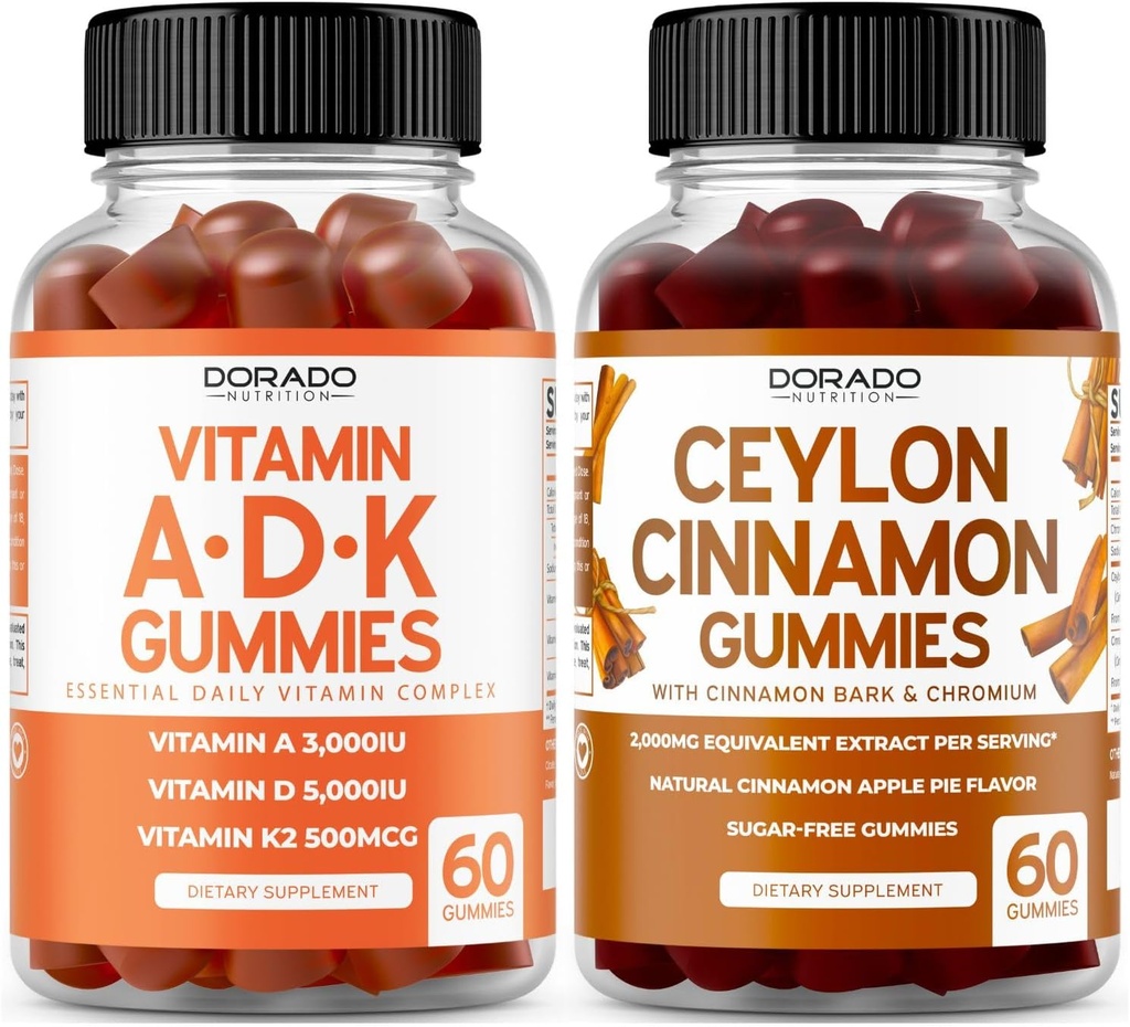 ADK Gummies Vitamin D3 K2 (60 Gummies) - Tambahan dengan D & K - 10 Vegan Tambahan - Cinnamon Ceylon (60 Capsules) Hamble Overall Wellness Dukungan - Vegan & Dibuat di Amerika Serikat
