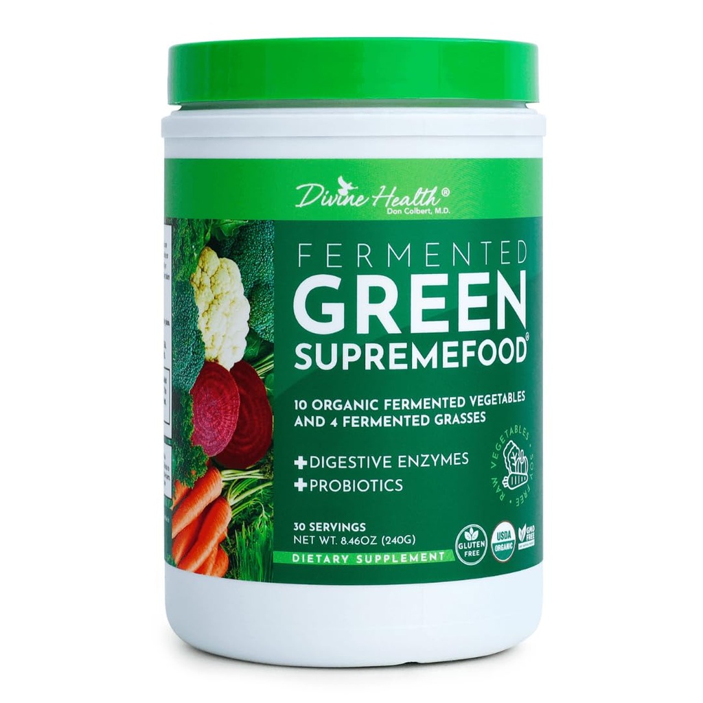 Divine Health Fermentasi Green Supremefood 124; 14 USDA Organik & Ferwered Vegetables dan Grasses 124; Progories 124; Enzymes 124; Apple Cinnamon Flavor 124; 30 Service 124g