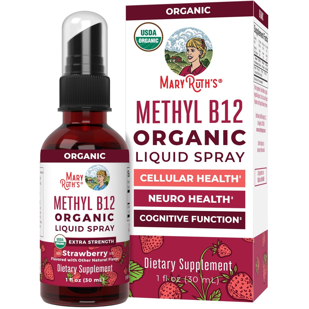 MaryRuth Organics Vitamin B12 Limid Spray 124; Vegan, Non- GMO, Gluten- Free Glut- Free 124; USDA Tambahan Organik 124; Energy & Nerve System Dukungan 124; B12 Vitamin untuk Perempuan & Pria & Pria 124r Mcg; 1 Fl Oz