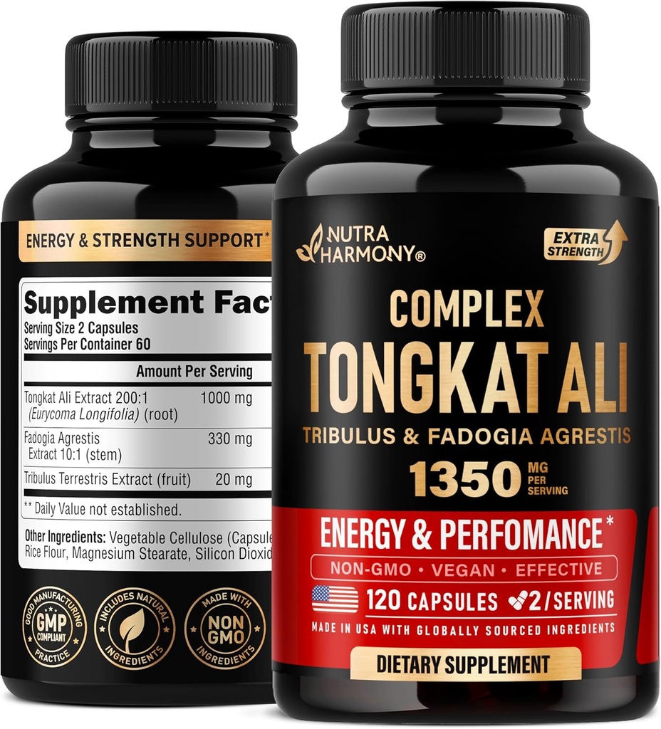 Tonkat Ali Men 1350mg Kompleks - Fadogia Agrestis 124; Tribulus Terrestris - Energy, Power & Performance Dukungan - Ekstra 200: 1 Ekstrak - Test Partai ke-3, Dibuat di AS - 120 Capsules / 2 Bulan