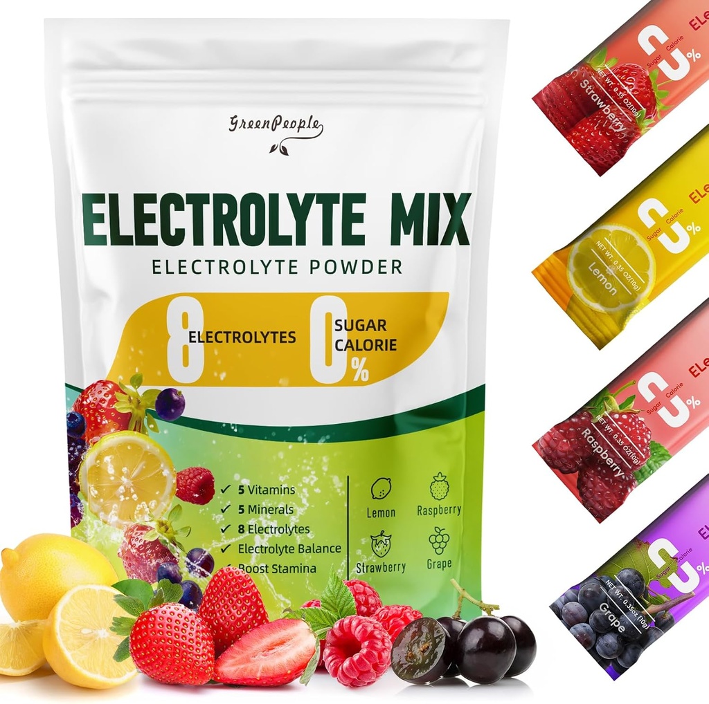 Greenpeople Electrolytes Powder No Sugar - Sugar Free Hydration Electrolite Packets - Fruit Flavors Electrolite Drink Mix - 8 Electrolytes 5 Vitamin & Minemonagegan