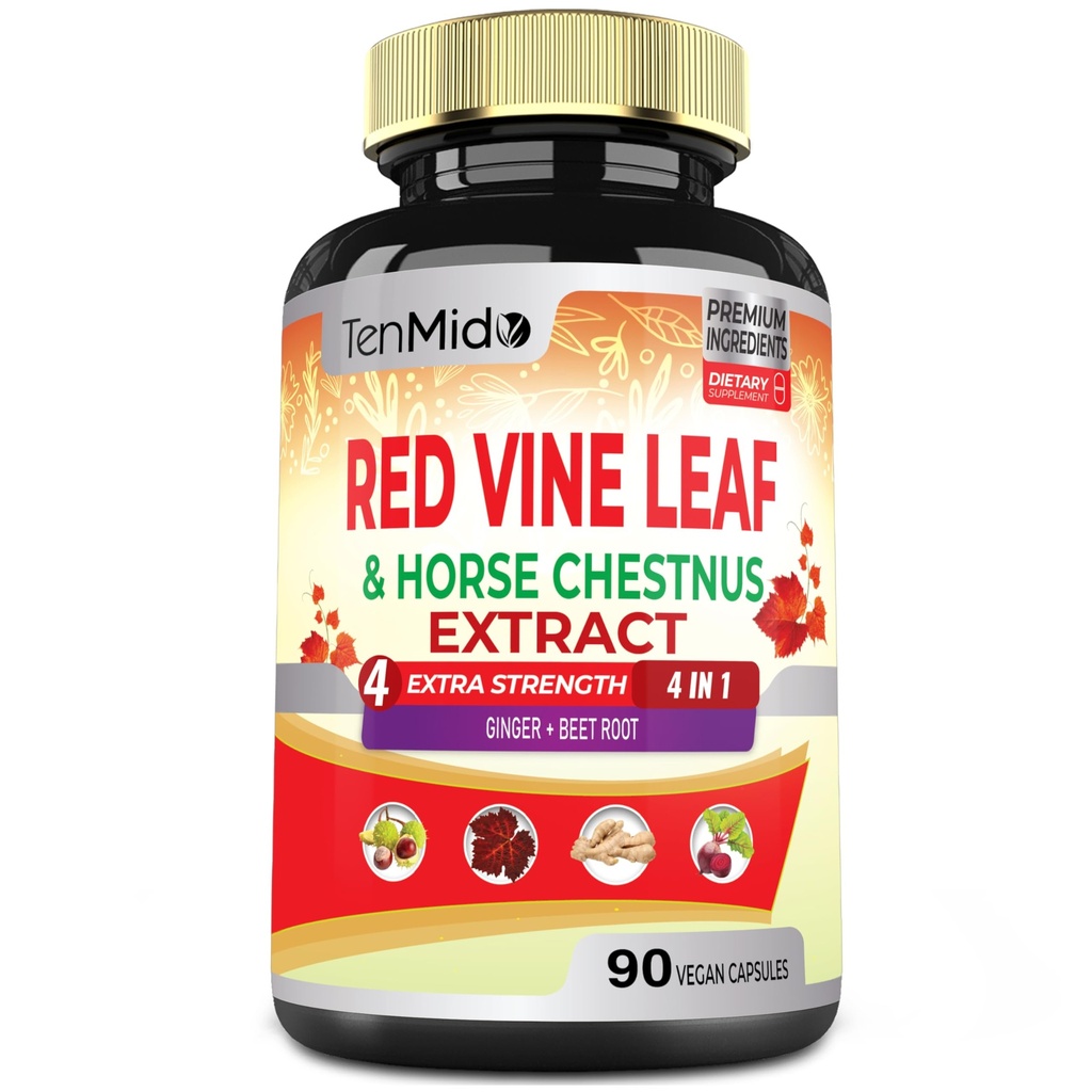 Red Vine Leaf Extract Capsules - dengan Horse Chestnut, Beet Root, Ginger - Herbal Suplement for Heart, Leg Vein & Energy - 90 Vegan Capsules selama 45 hari