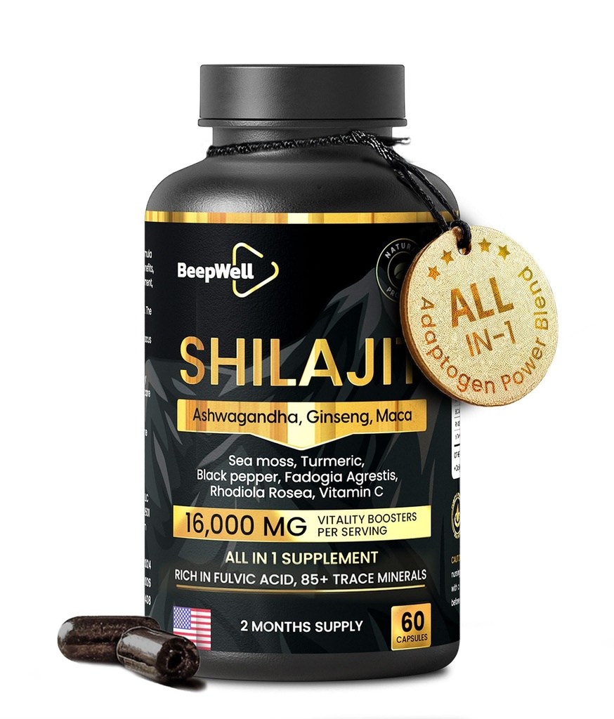 Shilajit Capsules for Men & Women, 16000mg Pure Himalaya Shilajit Vitalitas dan Wellness, Premium Pure Himalaya Supplemen 2 Bulan, 60 Capsules