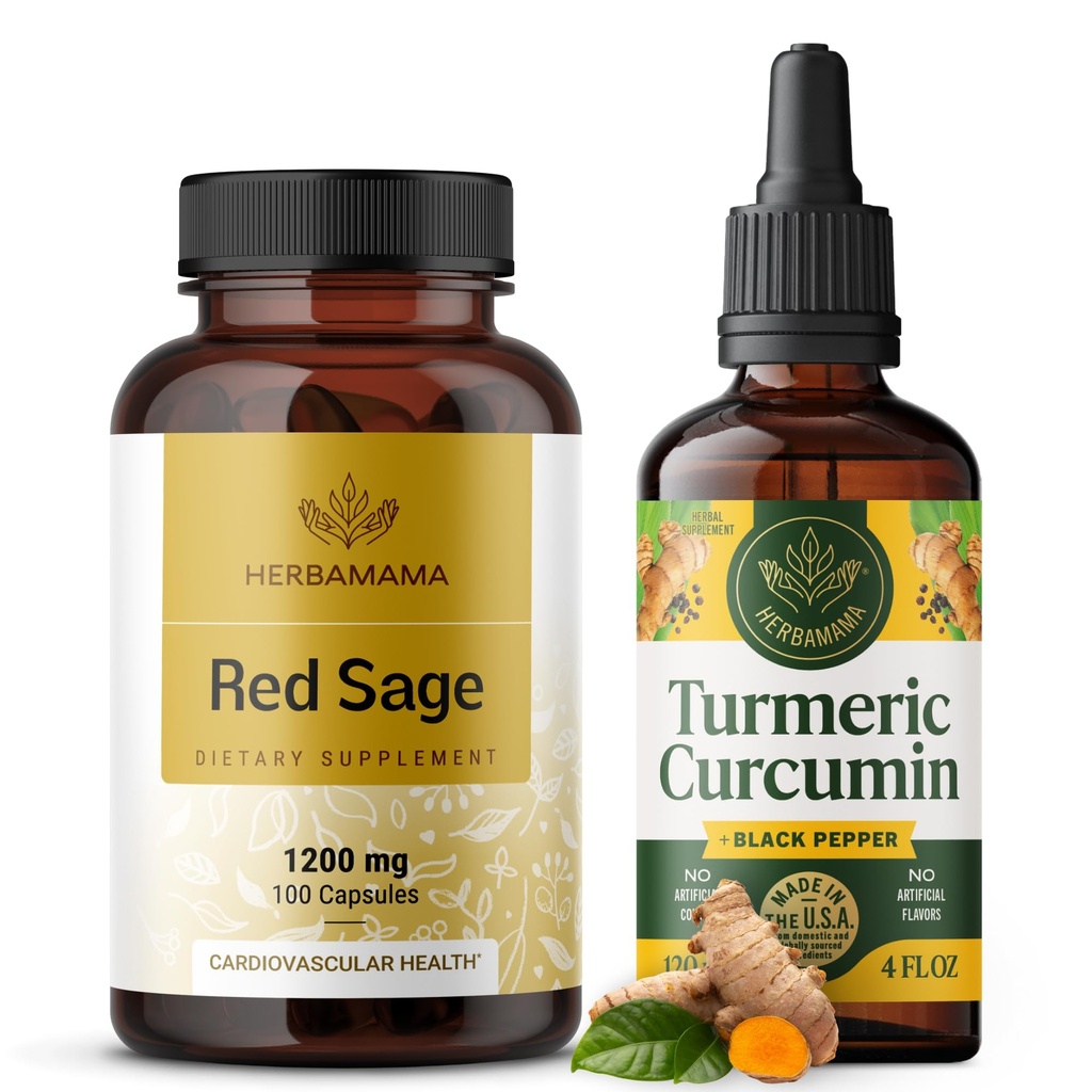 HERBAMAMA Red Sage dan Turmeric Kit - Bundle dari 1200 mg Red Sage Dan Shen Capsules & Turmeric Curcumin Drops 2 - Vegan, Non- GMO, Sugar & Alcohol- Free - 2 Pack