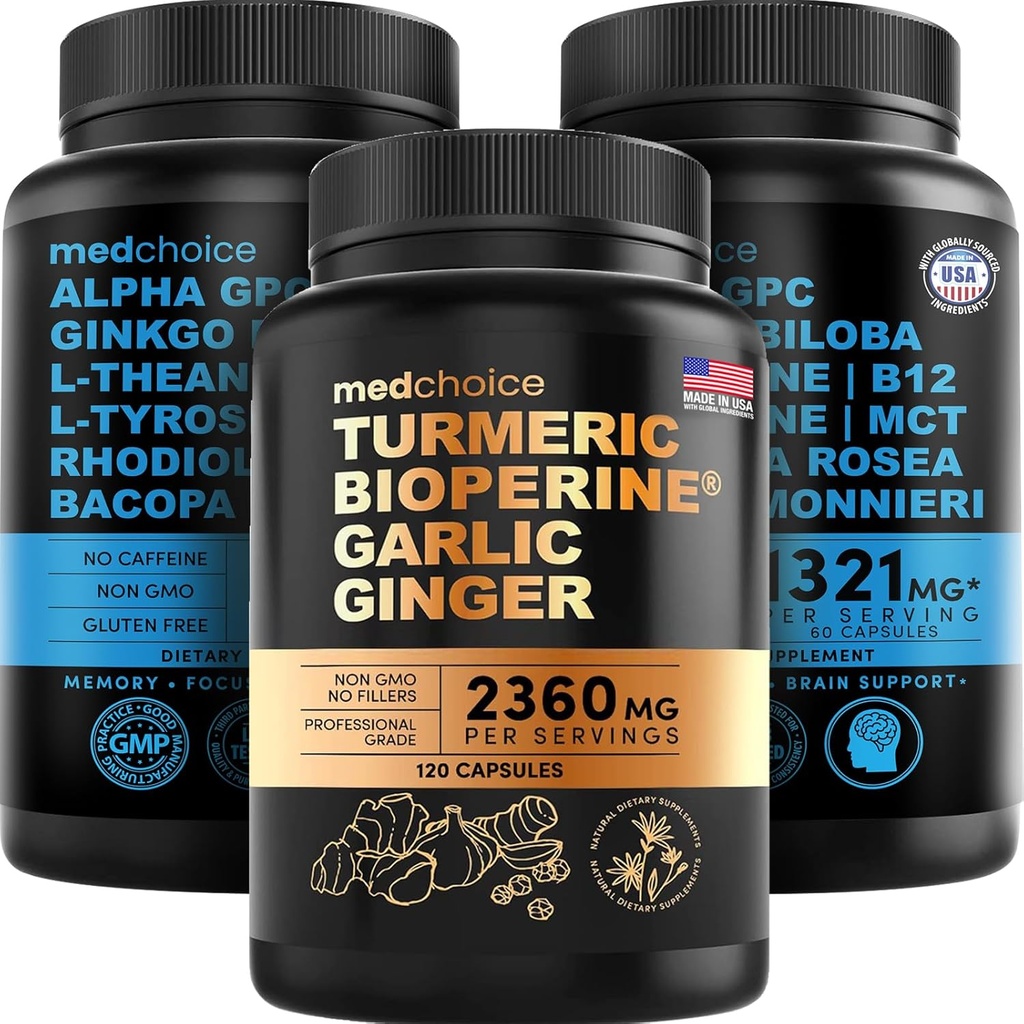 MADCHOICE Turmeric & Ginger (120ct) dan Otak Nootropic (120ct) Persediaan Bundle - Wellness Duo untuk Gabungan, Gangguan, Otak, & Mood Dukungan - Vegan, Non-GMO, Gluten- Bebas