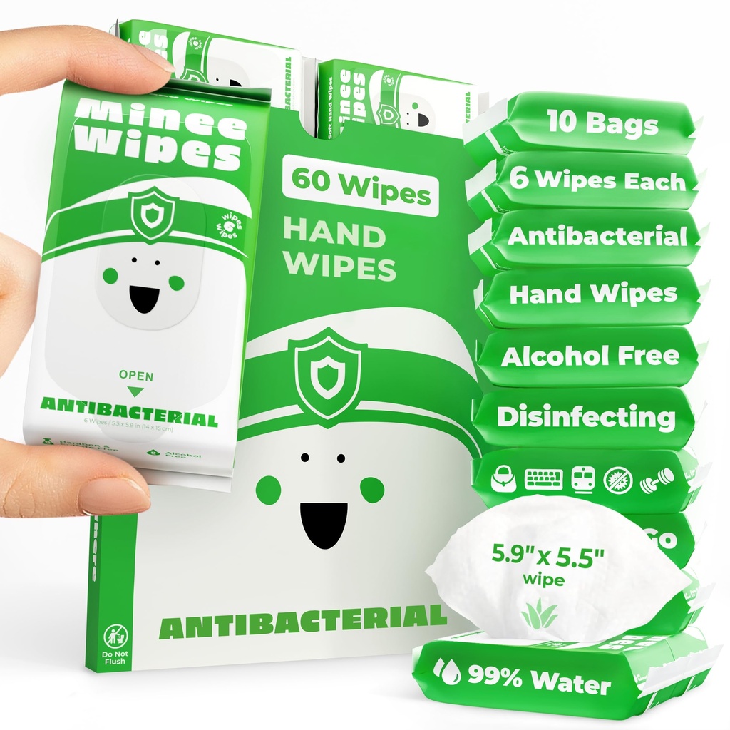 Impossibly Compact Travel Antibacterial Wipes Hand Sanitizer - 99.5% Water and Aloe - Safe for Sensitive Skin & Hypoallergenic Hand Wipes - Travel Essentials For Adults & Kids, 10 Pack Total 60 Wipe