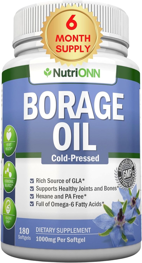 Borage Oil - 1000 mg - 180 Softgels - Dingin Menekan Tinggi GLA Borage Seed Oil - Hexane dan PA Free - Besar untuk Skin, Rambut dan Tulang.