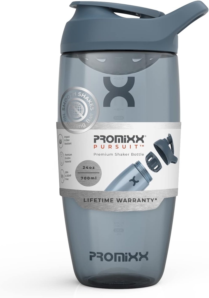 Prox Pursuit Protein Shake Bottle (24 oz) - Silent No-Ball Mixer, Leak- Providence Lid, BPA / BPS & Phthalate- Free ECOZEN - Easy- Clean Shaker Cup for Protein Shakes, Pre & Postout Smoothies