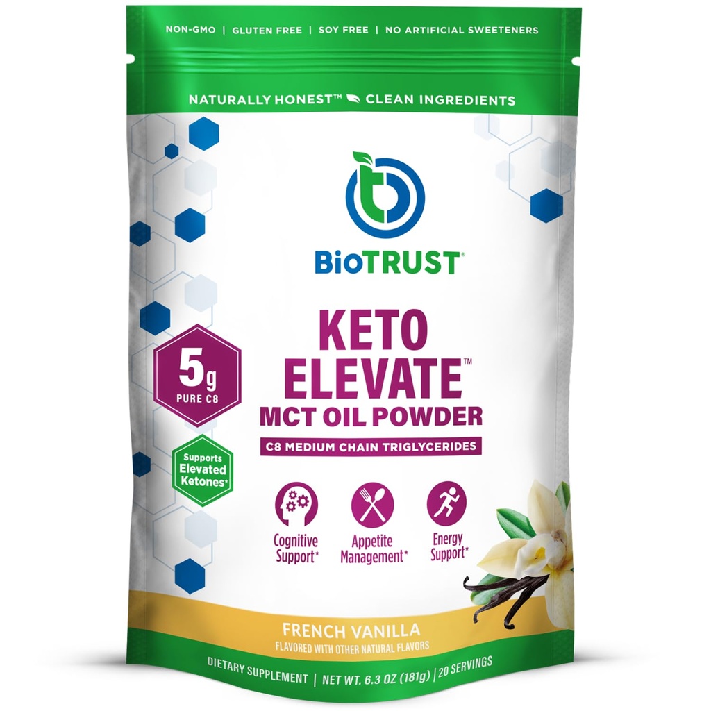 BioTrust Keto Elevate - C8 MCT Oil Powder - Ketogenic MCT Coffee Creamer, Keto Coffee Creamer - Clean Energy, Mental Focus -100% Caprylic Acid MCT Powder, Non- GMO (French Vanilla, 20 Servilla)