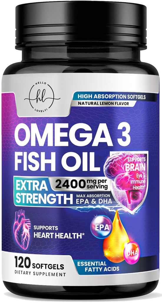 Tambahan Minyak Ikan Omega 3 2400mg - Triple Kekuatan Omega 3 Fatty Acids, Otak Jantung Alam & Gabungan - Acids Gendut dengan EPA & DHA - Wild Caught Fish Oil Suplemen - 120 Softgels