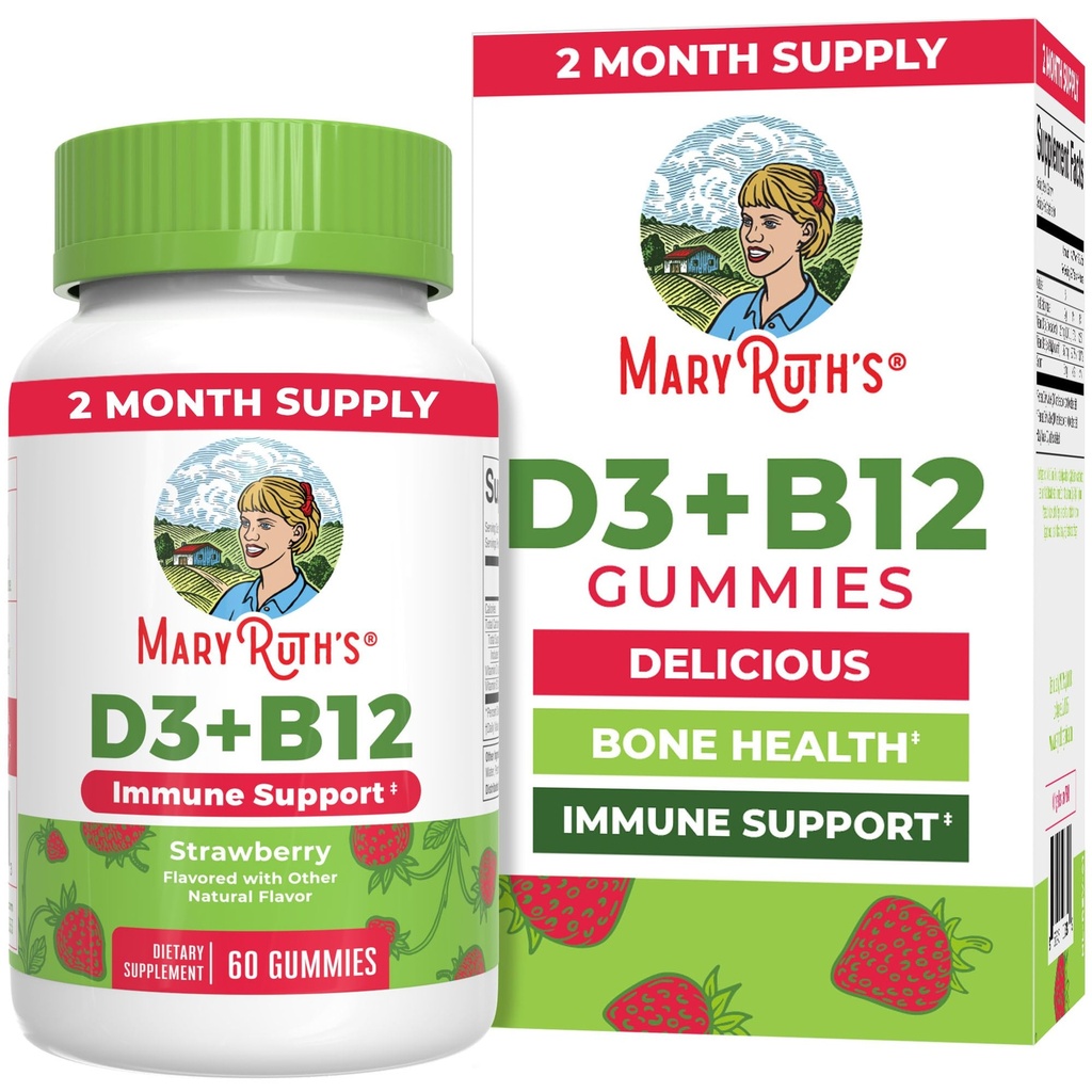 MaryRuth Organics Vegan D3 + Vitamin B12 Gummies: 124; 2 Bulan Supply 124; Menyediakan Kesehatan Tulang 124; Dukungan Imune; Suplemen Energi 124; Metil B12 Vegan NN-GMO GMO Gluten Bebas 124; 60