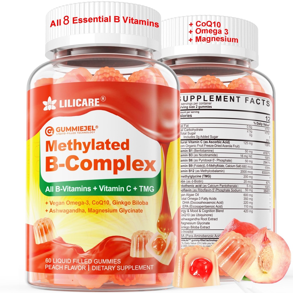 Super Methylated Vitamin B Complex Gummies - All B Vitamin + Omega -3, Magnesium, CoQ10, Ashwagandha, Vitamin C, TMG- For Women-Metil B12 2000 mcg, Methylfolat, B1, B2, B3, B5, B6, B7- Sugar Free