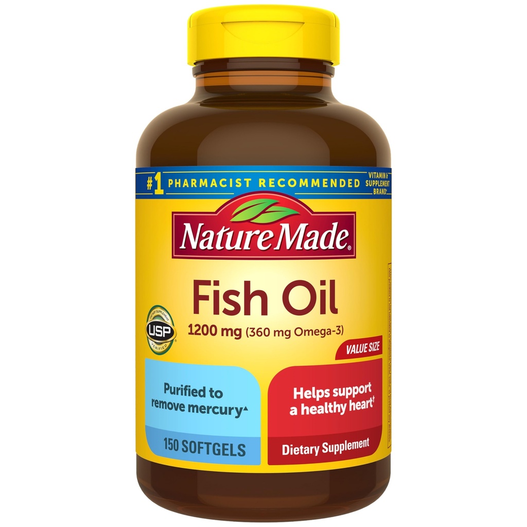 Suplemen Nature Made Oil Omega 3, 1200 mg Softgels, Omega 3 Fish Oil for Heally Heart Suftgels, 150 Softgels, 75 Day Supply