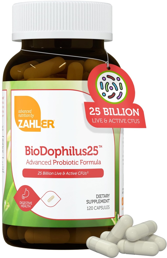 Zahler BioDophilus 25, 25 Milyar Probiotic CFU + Prebiotic - 11 Strains Daily Probiotic Suplemen Harian - Kosher Propoles for Women for Digetical Health, Progories for Men for Gut Health (120 Capsules)