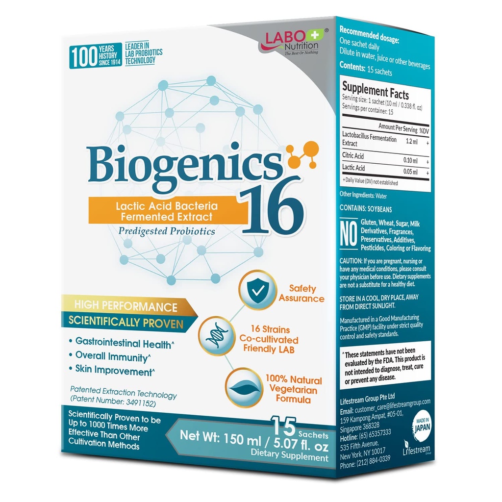 LLABO Nutrition Biogenics 16- Lactic Acid Bacteria Ferted Extract, 1000x More Efektif, Gut Health Support Beyond Progories & Prestial, Impreve Intestinal Skin and Imune Health, 10mlx15 sachets