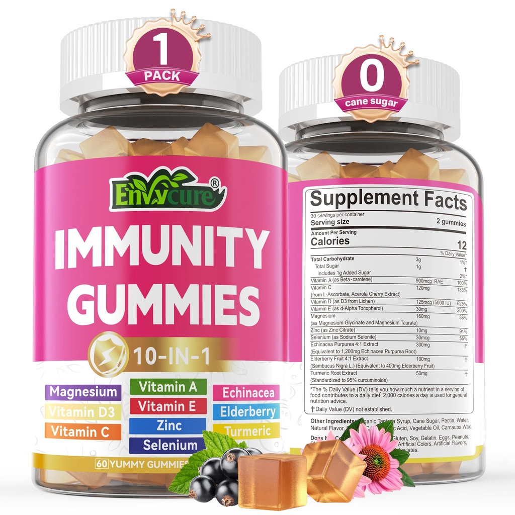 10 dalam 1 Immune Suppportation Gummies, w / Echinacea, Elderberry Vitamin C dan Zinc, Selenium, Vitamin D3 5000IU, Magnesium, Daily Imune Booster Multivitamin, untuk Antioksidant Bone Energy, 1 Pack