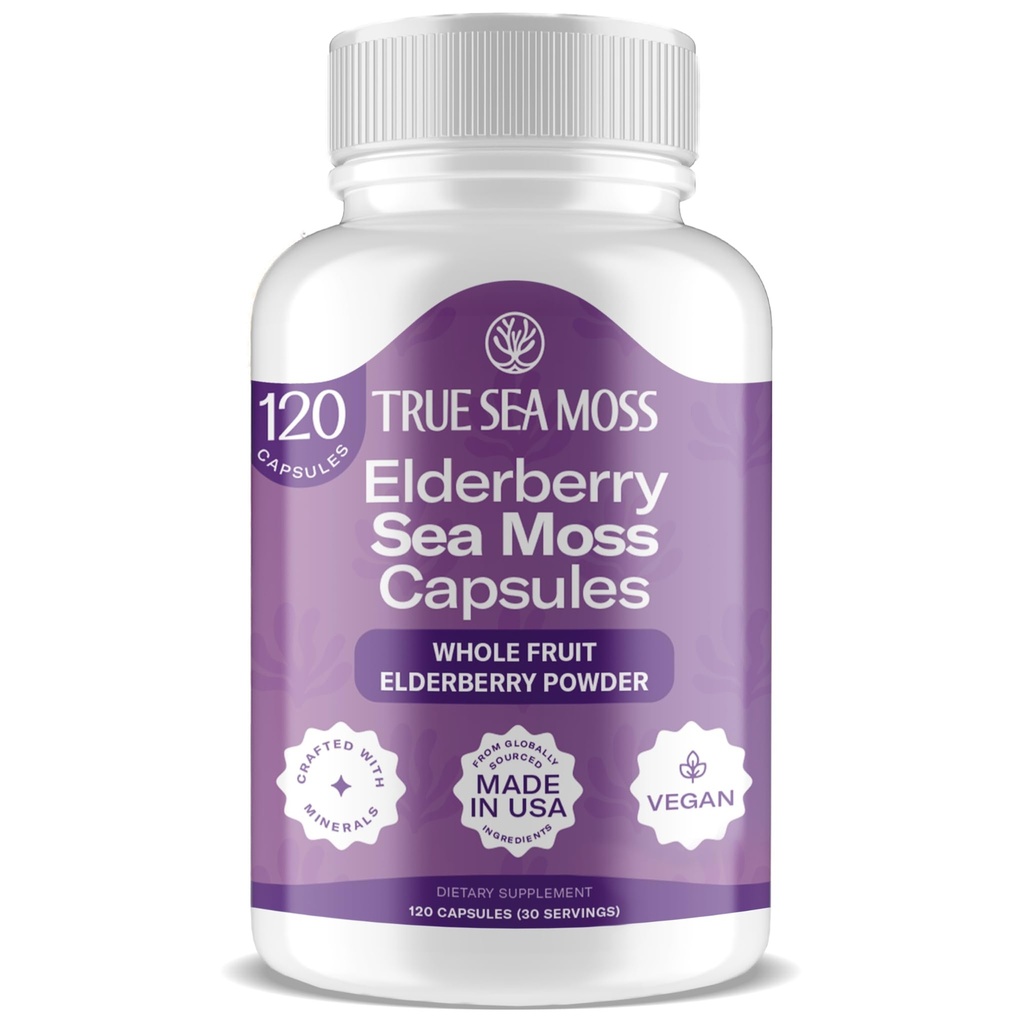 TrueSeasons Irish Moss Capsules - 120 Elderberry Capsules (1600mg) - Prebiotic Superfood - Boosts The Immune & Digetical System - Sehat Skin, Keto Detox, Gut, Joint Support