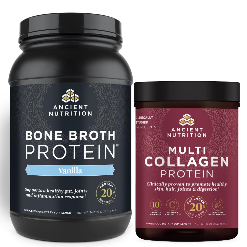 Bubuk Protein Bone Bone Barisan Kuno, Vanilla, 40 Pelayan + Multi Collagen Protein Powder, Tanpa rasa, 45 Hamba