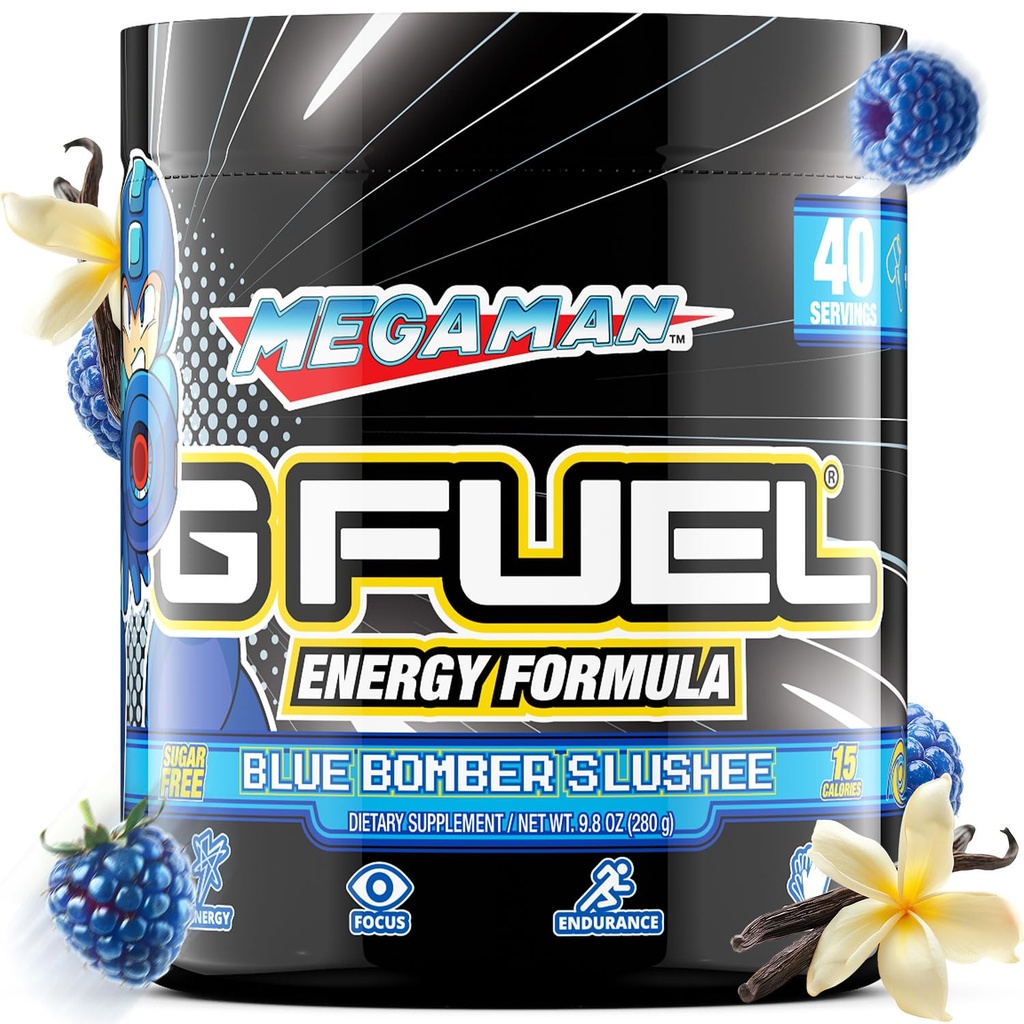 G Fuel Megaman Energy Powder, Pra Workout Caffeine Mix untuk Gaming, Sugar Free Focus Amino, Vitamin + Antioksidants, 9.9oz (Blue Slushee, 40 Pelayan)