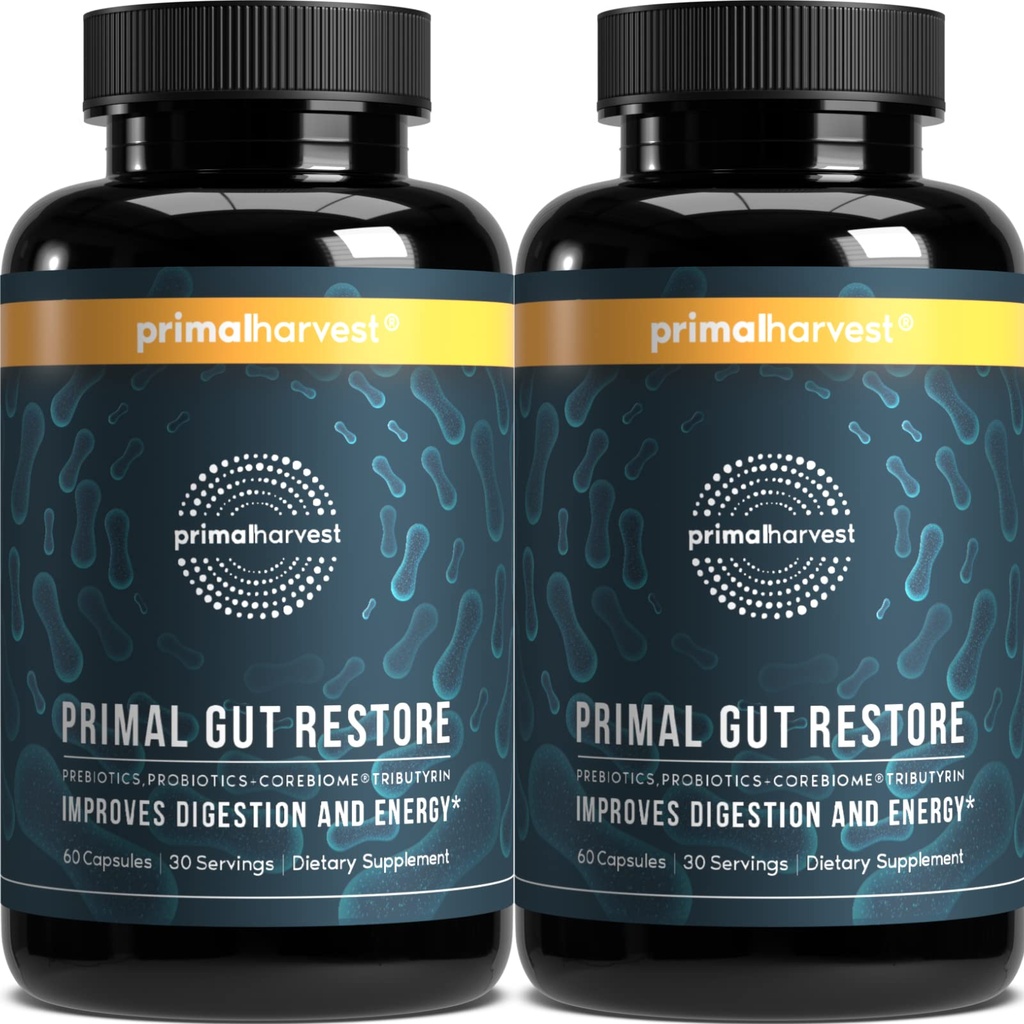 Primal Harvest 2 Pack, Restore for Gut Health, Primal Gut Restore w / POSTROW, PREWITE and PROYECORES for Women and Men, 60 CT - Distrable, Colon Cleanse, Helling Leaky Gut Repair